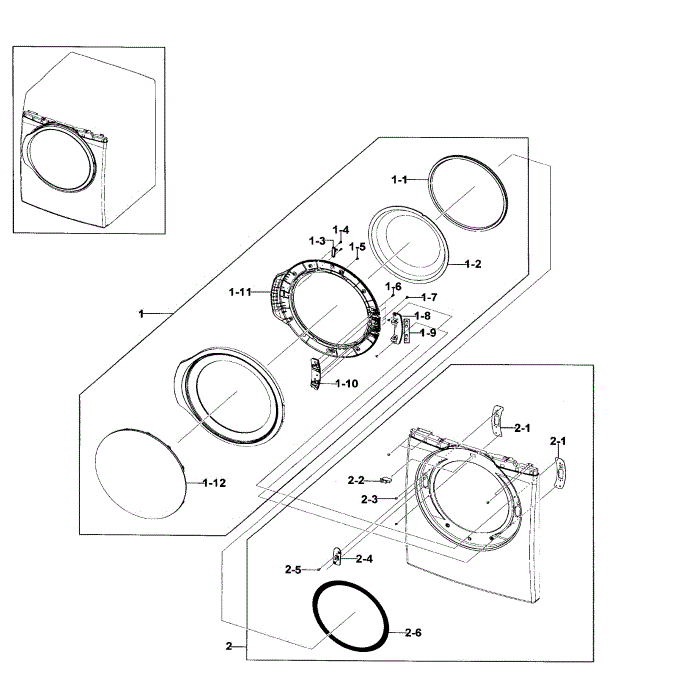 Front And Door Diagram and Parts List for DV330AEB XAA-00 Samsung Dryer