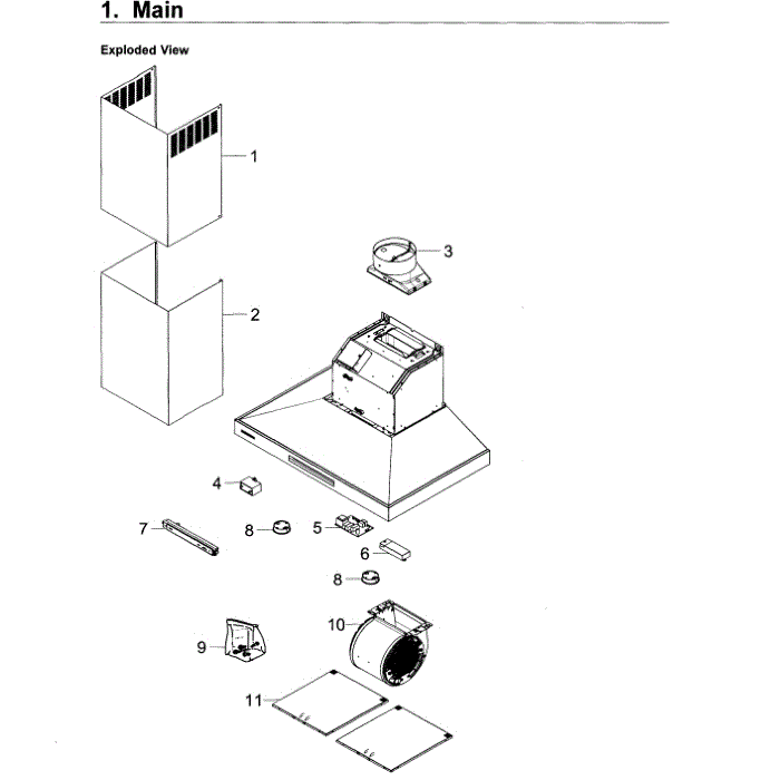 Main Assembly Diagram and Parts List for NK30K7000WG AA-00 Samsung Range Hood