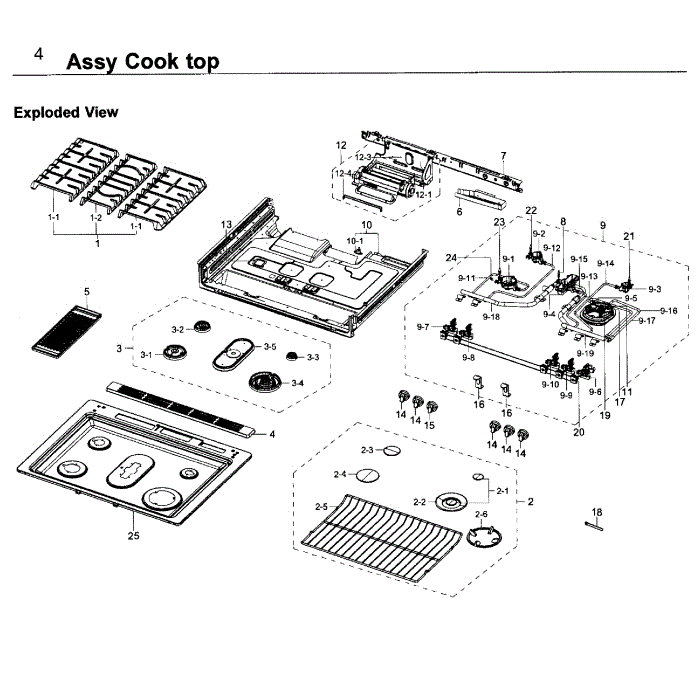 Cooktop Diagram and Parts List for NY58J9850WS AA-00 Samsung Range