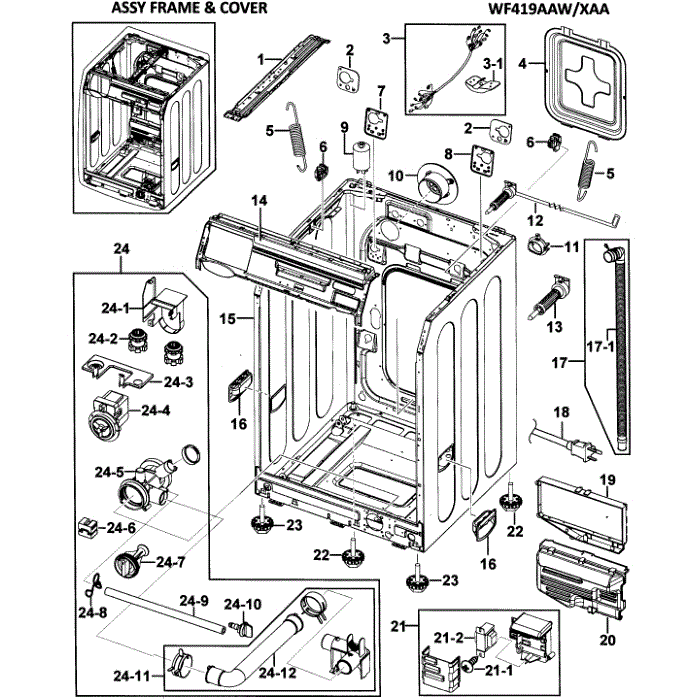 Frame Assembly Diagram and Parts List for WF419AAW XAA-00 Samsung Washer