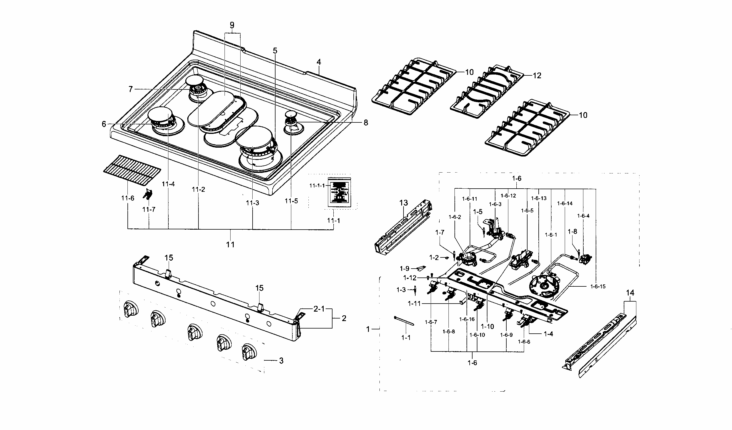 Cooktop Diagram and Parts List for FX710BGS XAA-0003 Samsung Range