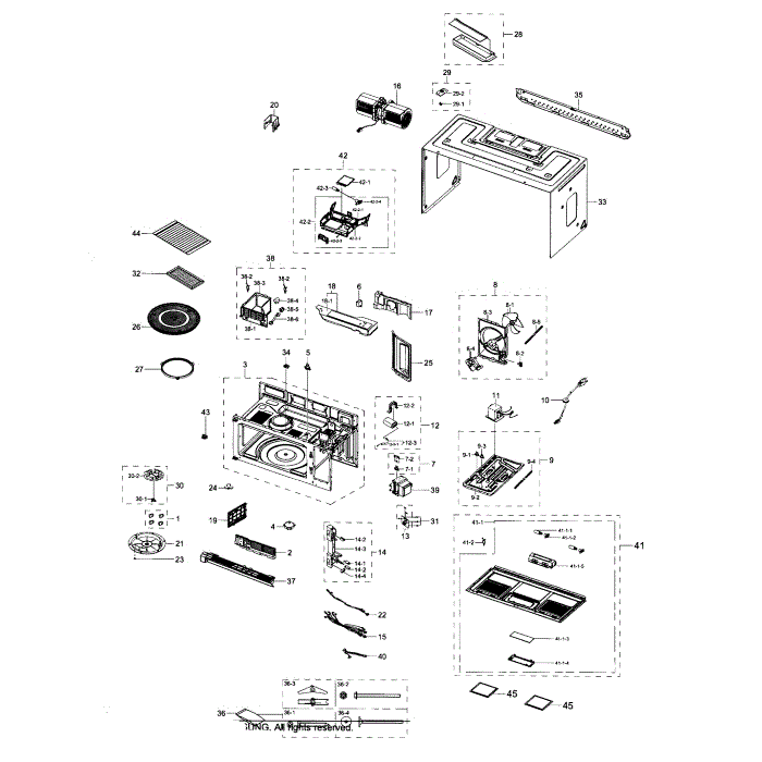 Main Assembly Diagram and Parts List for ME20H705MSW AA-01 Samsung Microwave