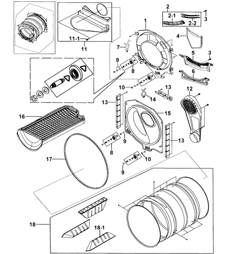Drum Assy Diagram and Parts List for DV2C6BEW XAA-0000 Samsung Dryer