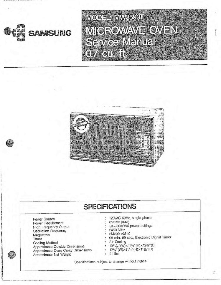 Microwave Serv Manual/front Cover Diagram and Parts List for MW6350W XAA Samsung Microwave