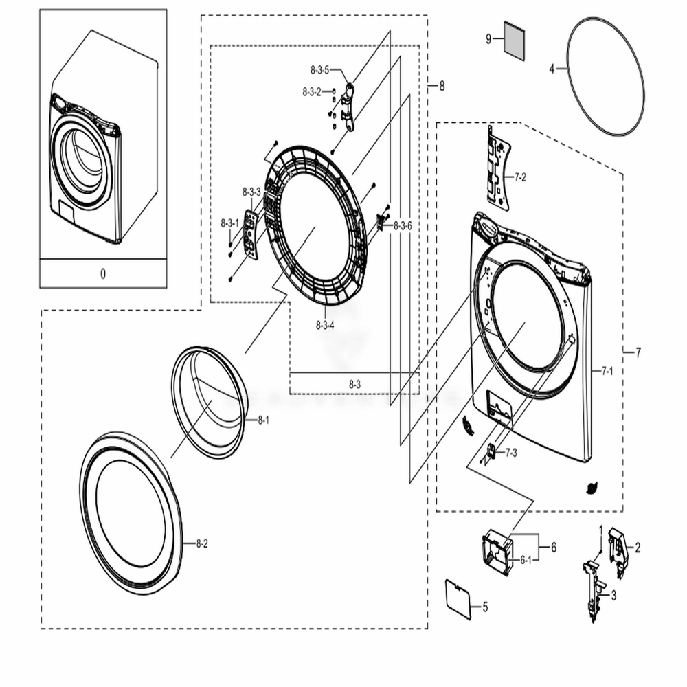 Assembly Front Parts Diagram and Parts List for WF45N5300AV (US)(0000) Samsung Washer