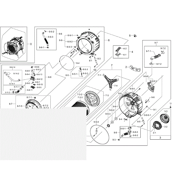 Tub / Drum Assembly Diagram and Parts List for WF455ARGSGR A2-00 Samsung Washer