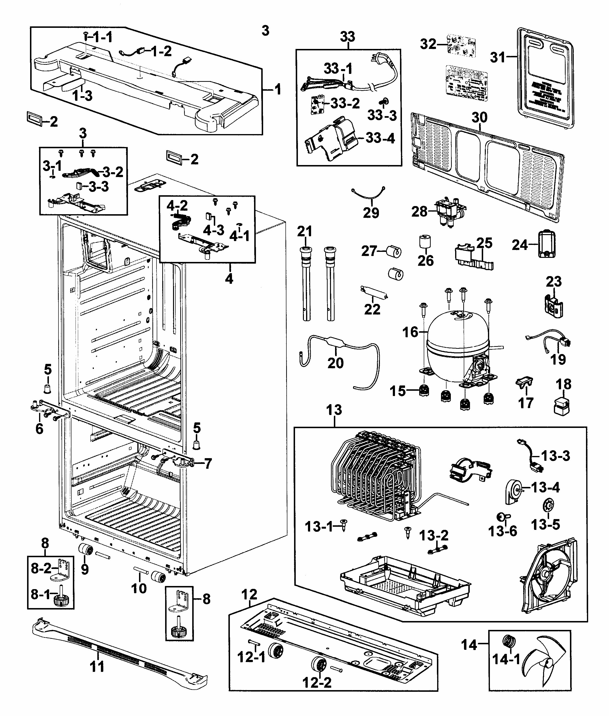 Cabinet Diagram and Parts List for RF267AERS XAA-0001 Samsung Refrigerator