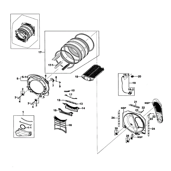 Drum Assembly Diagram and Parts List for DV511AEW XAA-00 Samsung Dryer