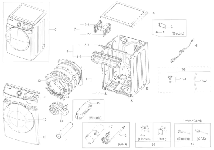 Main Asy Diagram and Parts List for DV45K6200EW A3-0000 Samsung Dryer