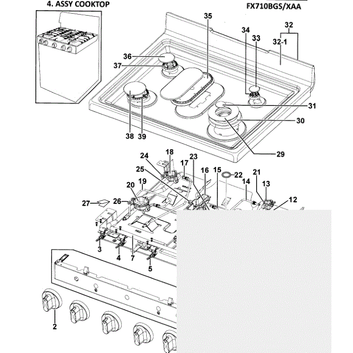 Cooktop Diagram and Parts List for FX710BGS XAA-00 Samsung Range