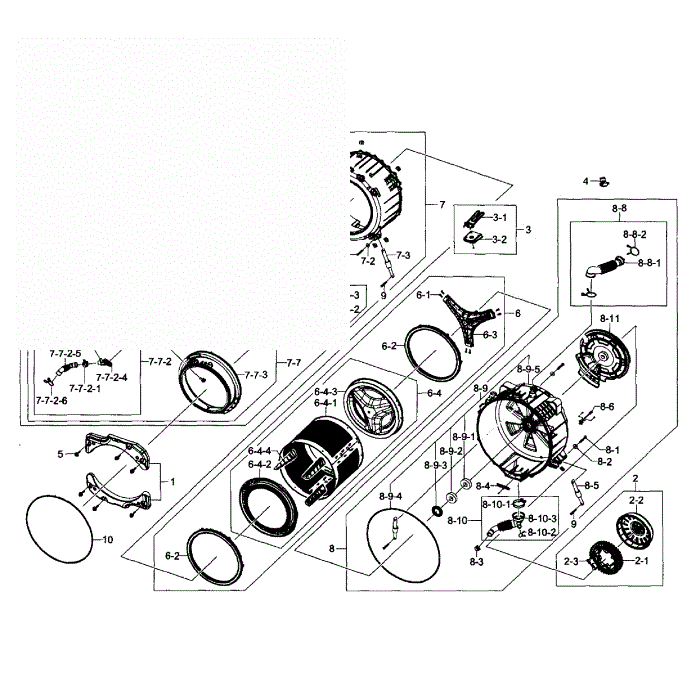 Tub / Drum Assembly Diagram and Parts List for WF511ABW XAA-04 Samsung Washer