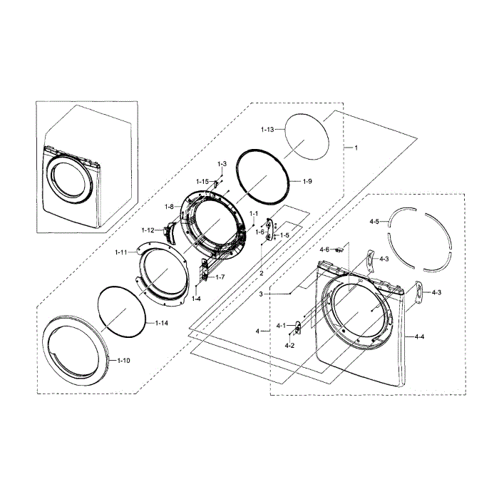 Front And Door Diagram and Parts List for DV36J4000GW A3-00 Samsung Dryer