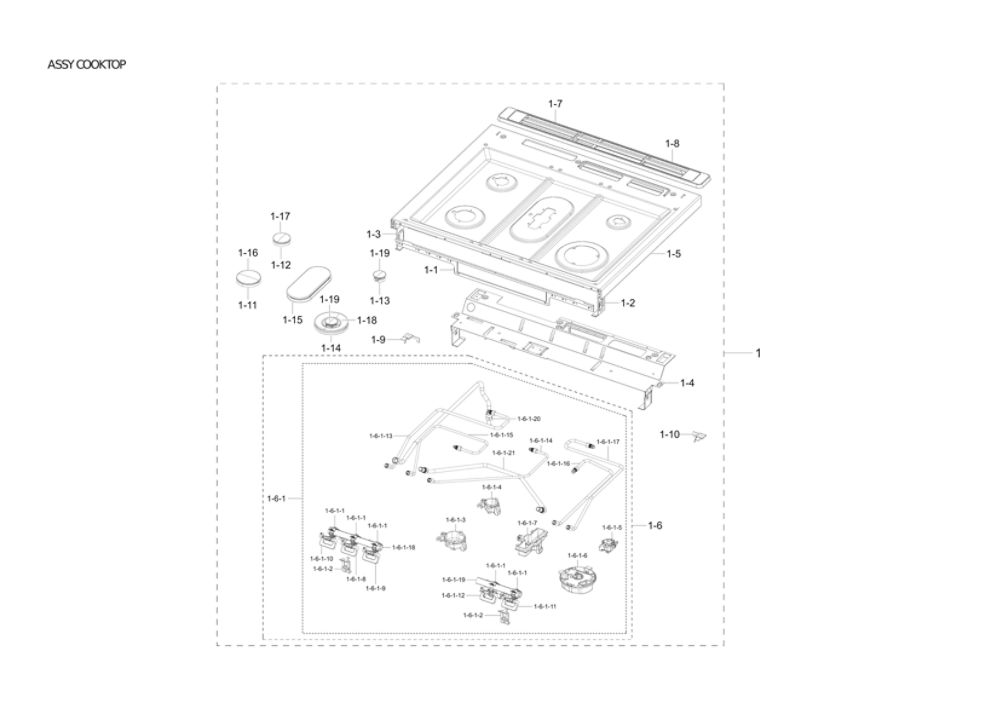 Cooktop Assembly Diagram and Parts List for NX60T8511SS AA-00 Samsung Range