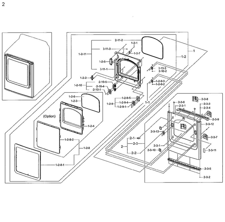 Frame Front & Door Diagram and Parts List for DV48H7400GP A2-0001 Samsung Dryer