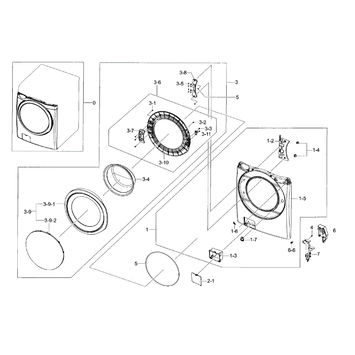 Frame Front And Door Diagram and Parts List for WF42H5600AW A2-00 Samsung Washer