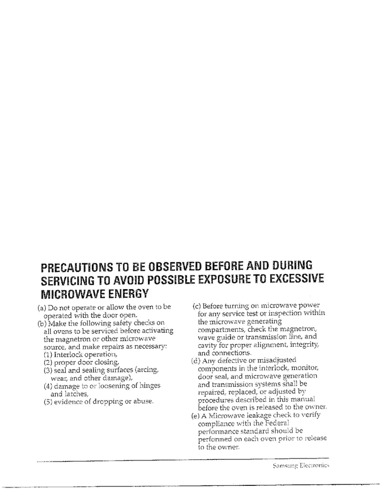 Precautions Diagram and Parts List for MW8490W XAA Samsung Microwave
