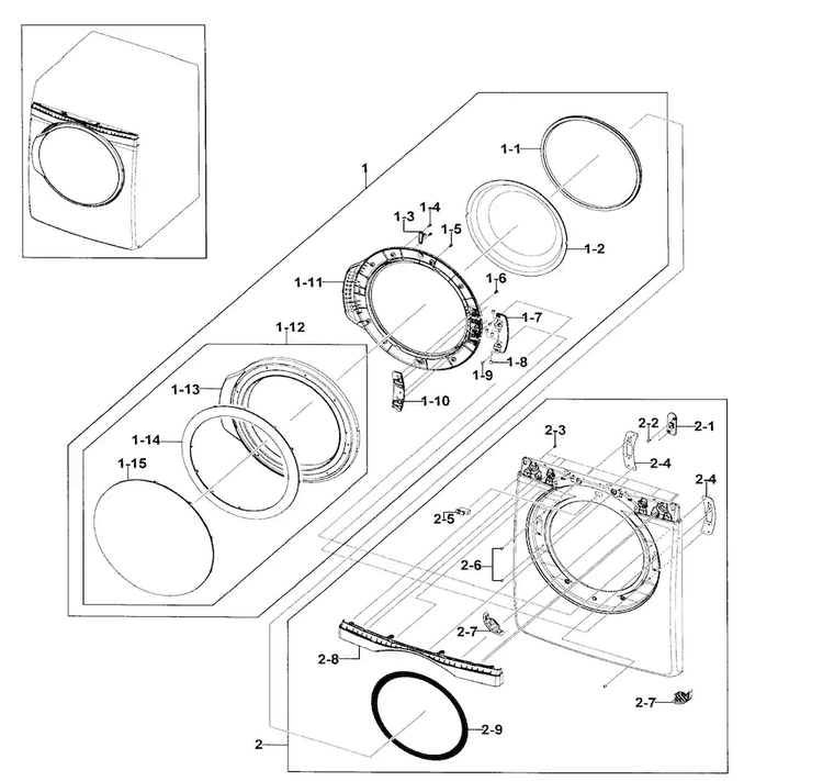 Front/door Assy Diagram and Parts List for DV409AER XAA-0001 Samsung Dryer