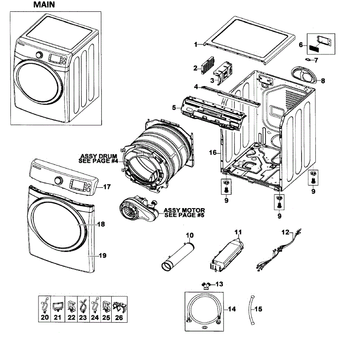 Main Assembly Diagram and Parts List for DV520AEW XAA-01 Samsung Dryer