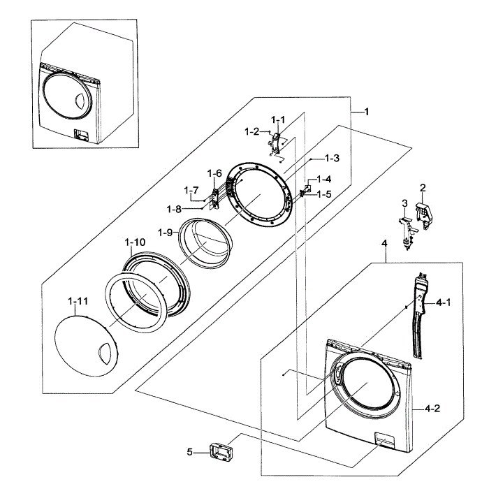 Front Assembly Diagram and Parts List for WF218ANB XAA-00 Samsung Washer