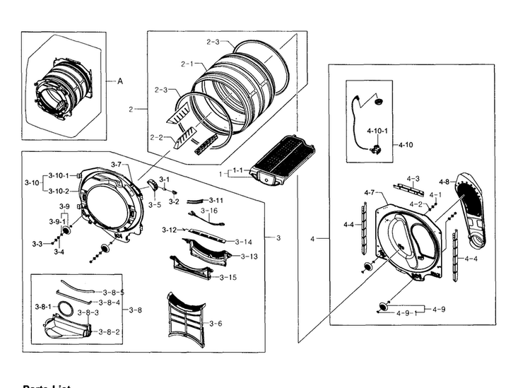 Drum Diagram and Parts List for DV511AGW XAA-0003 Samsung Dryer