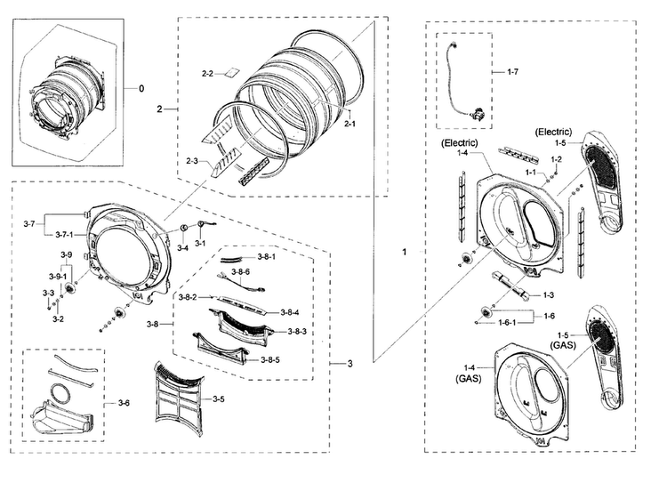 Drum Diagram and Parts List for DV42H5400GW A3-0000 Samsung Dryer