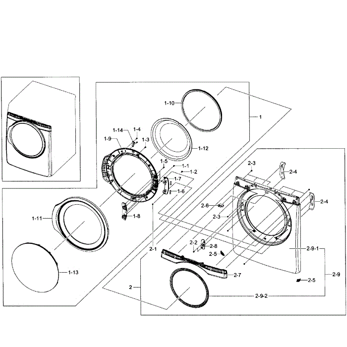 Front Assembly Diagram and Parts List for DV431AGW XAA-02 Samsung Dryer