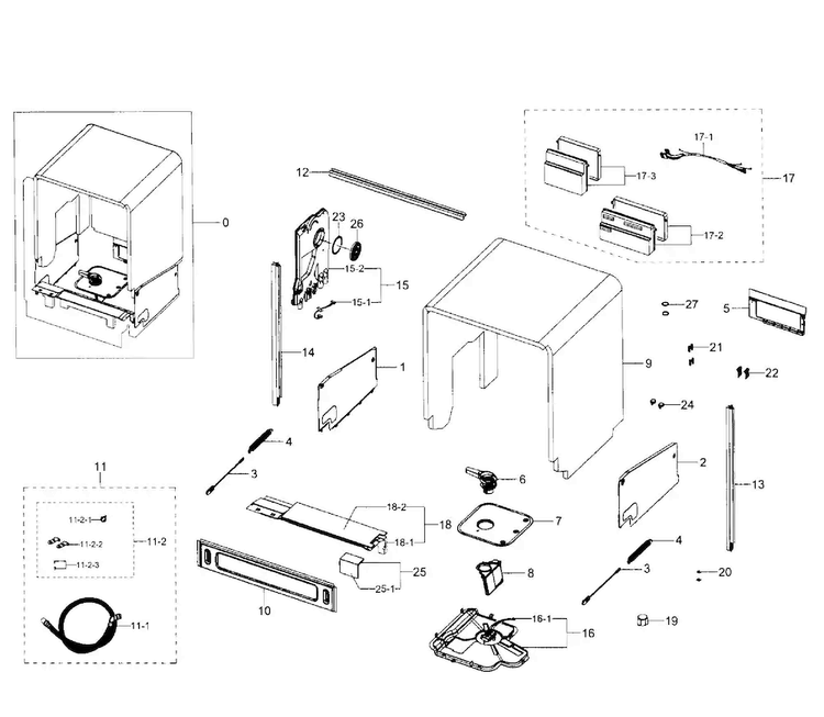 Cabinet Diagram and Parts List for DW80J7550US AA-0001 Samsung Dishwasher