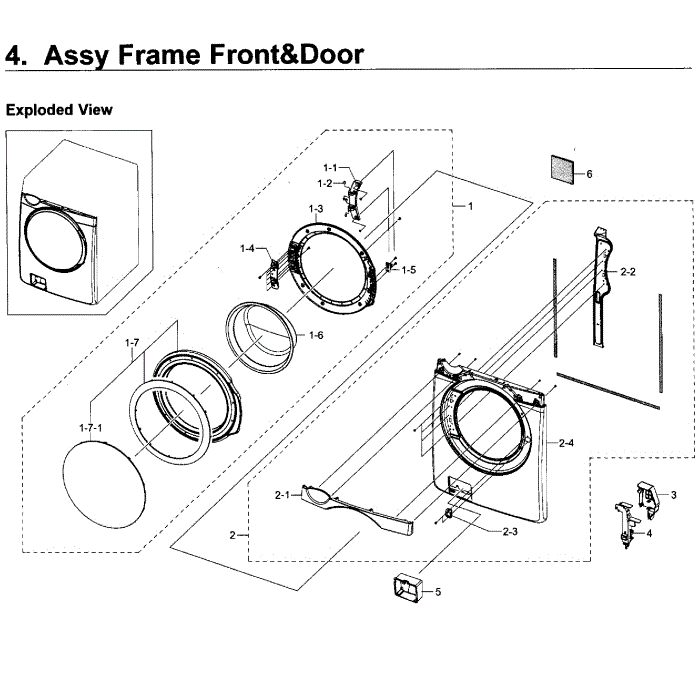 Frame Front And Door Diagram and Parts List for WF419AAW XAA-03 Samsung Washer