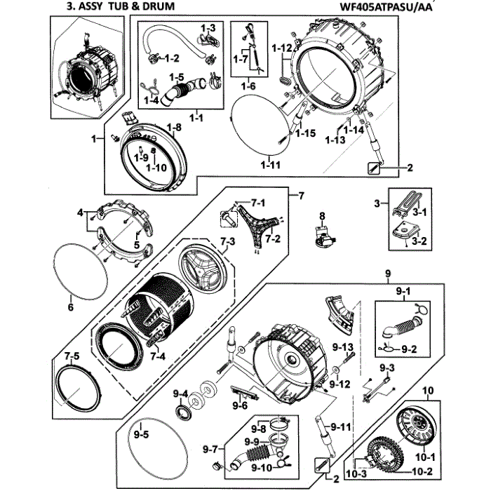 Tub Assembly Diagram and Parts List for WF405ATPASU AA-00 Samsung Washer