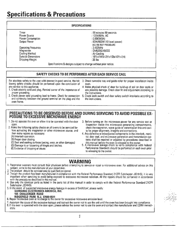 Specs And Precautions Diagram and Parts List for MW3580T XAA Samsung Microwave