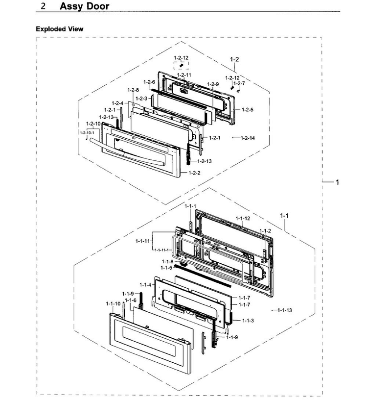 Door Diagram and Parts List for NX58K9852SG AA-0000 Samsung Range