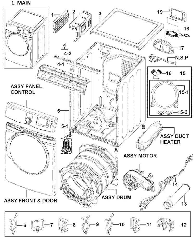Main Assy Diagram and Parts List for DV419AEU XAA-0000 Samsung Dryer