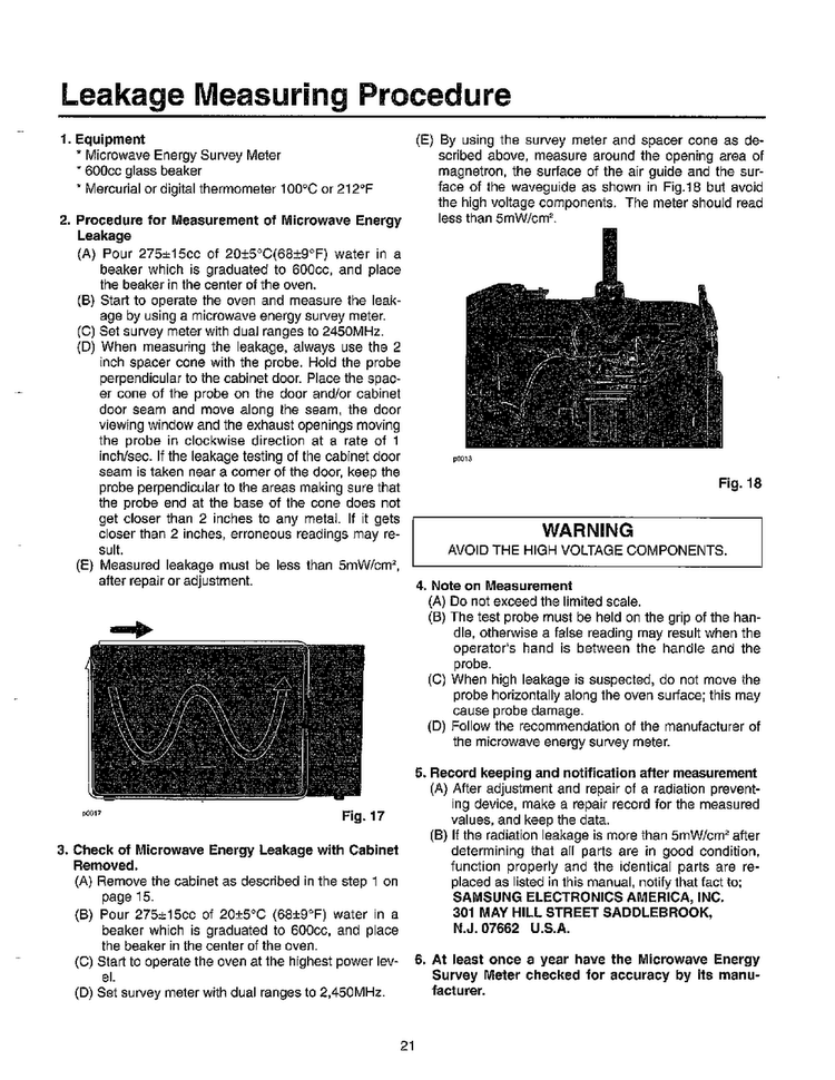 Leakage Measuring Procedure Diagram and Parts List for MW5720W XAA Samsung Microwave