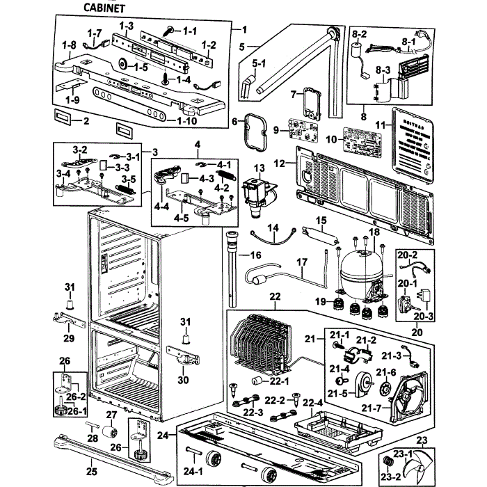 Cabinet Diagram and Parts List for RF265AASH XAA-00 Samsung Refrigerator