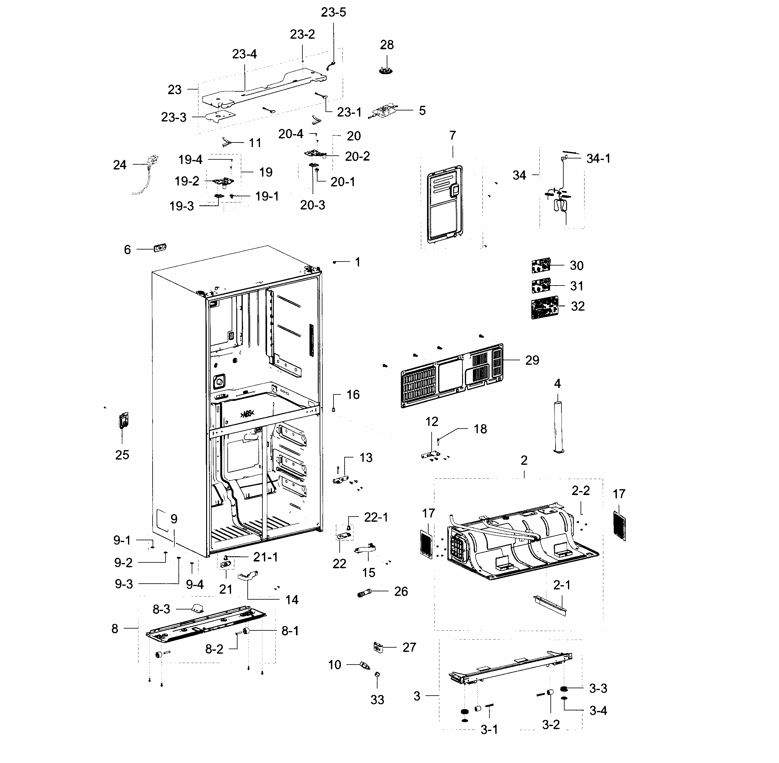 Cabinet Diagram and Parts List for RF23J9011SR AA-0002 Samsung Refrigerator