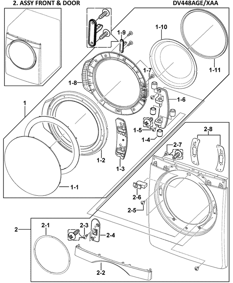 Front Assy Diagram and Parts List for DV448AGE XAA-0000 Samsung Dryer