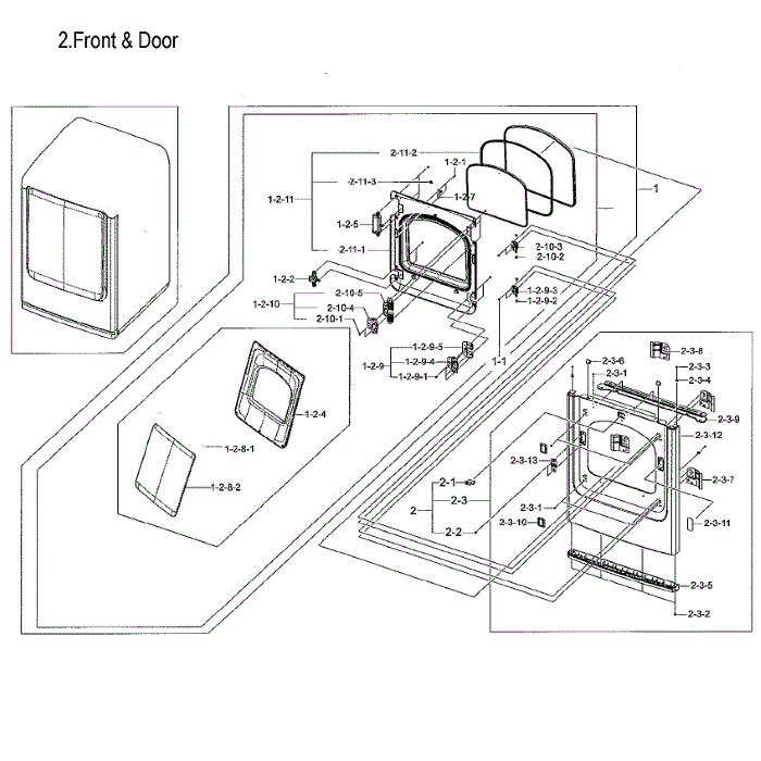Frame Front And Door Diagram and Parts List for DVE52M8650W A3-00 Samsung Dryer