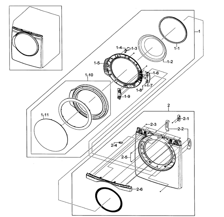 Front/door Assy Diagram and Parts List for DV419AEU XAA-0001 Samsung Dryer