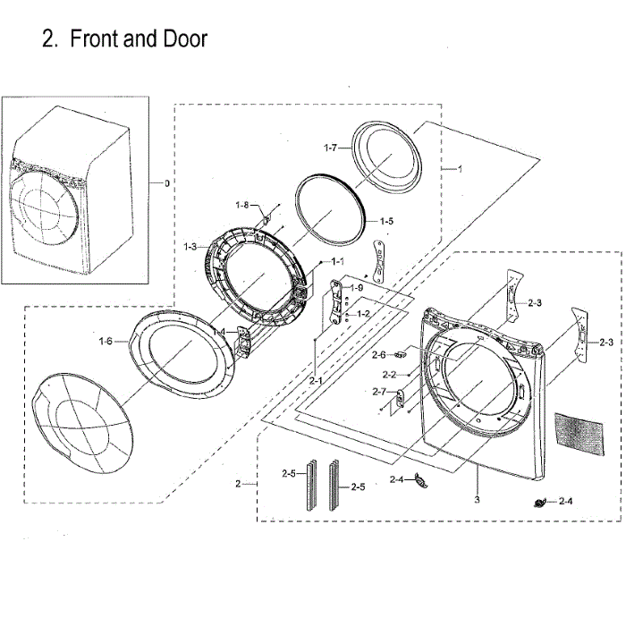 Front And Door Diagram and Parts List for DVG45M5500P A3-00 Samsung Dryer