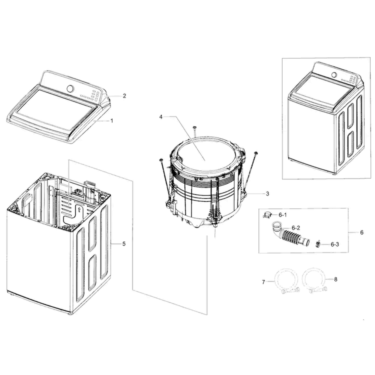 Main Asy Diagram and Parts List for WA56H9000AW A2-0001 Samsung Washer