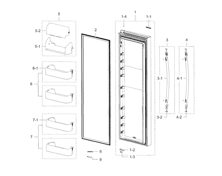 Refrigerator Door Diagram and Parts List for RS25H5000SR AA-0000 Samsung Refrigerator