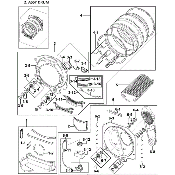 Drum Assembly Diagram and Parts List for DV409AEW XAA-00 Samsung Dryer