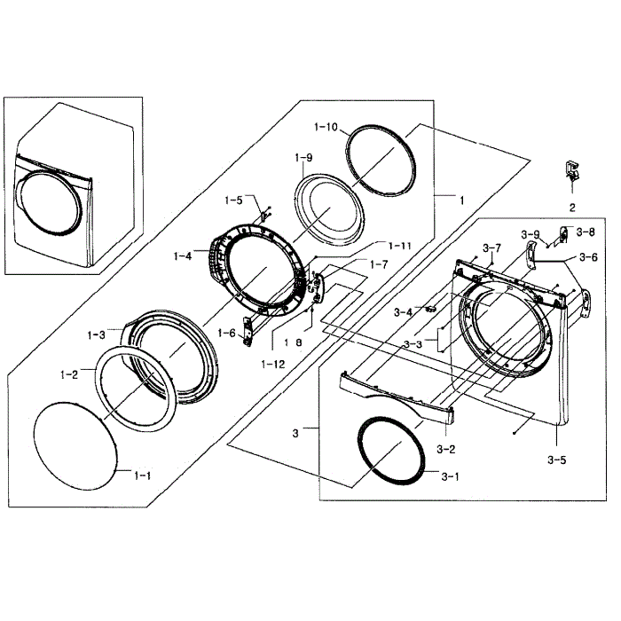 Front / Door Assembly Diagram and Parts List for DV448AEP XAA-02 Samsung Dryer