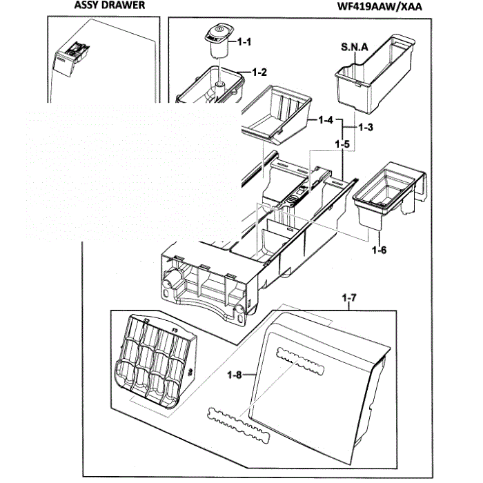 Drawer Assembly Diagram and Parts List for WF419AAW XAA-00 Samsung Washer