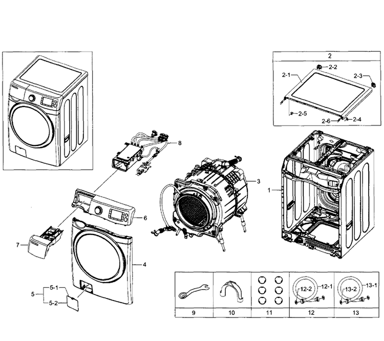 Main Section Diagram and Parts List for WF520ABW XAA-0001 Samsung Washer