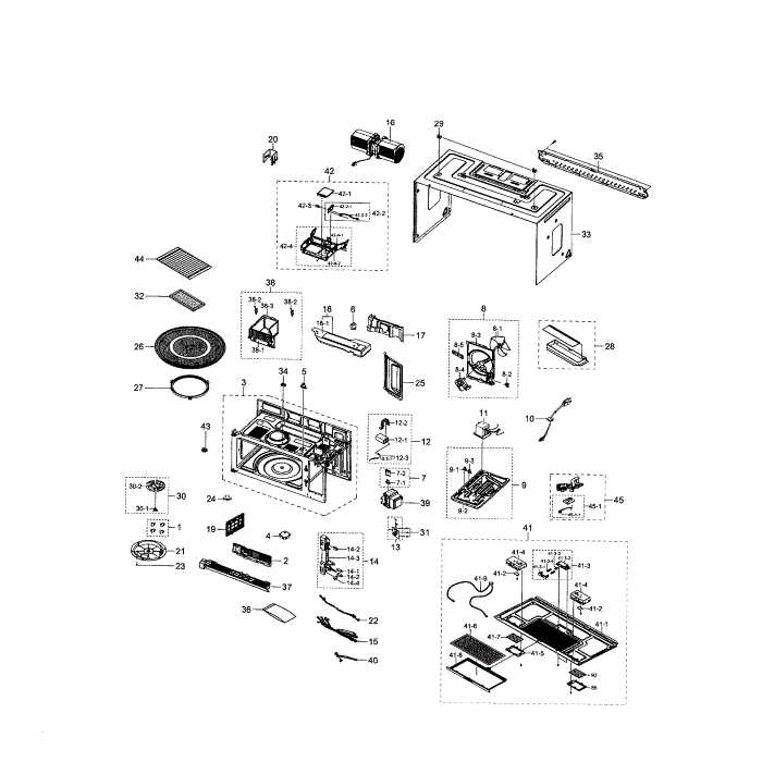 Cavity Assembly Diagram and Parts List for ME21H706MQS AA-00 Samsung Microwave