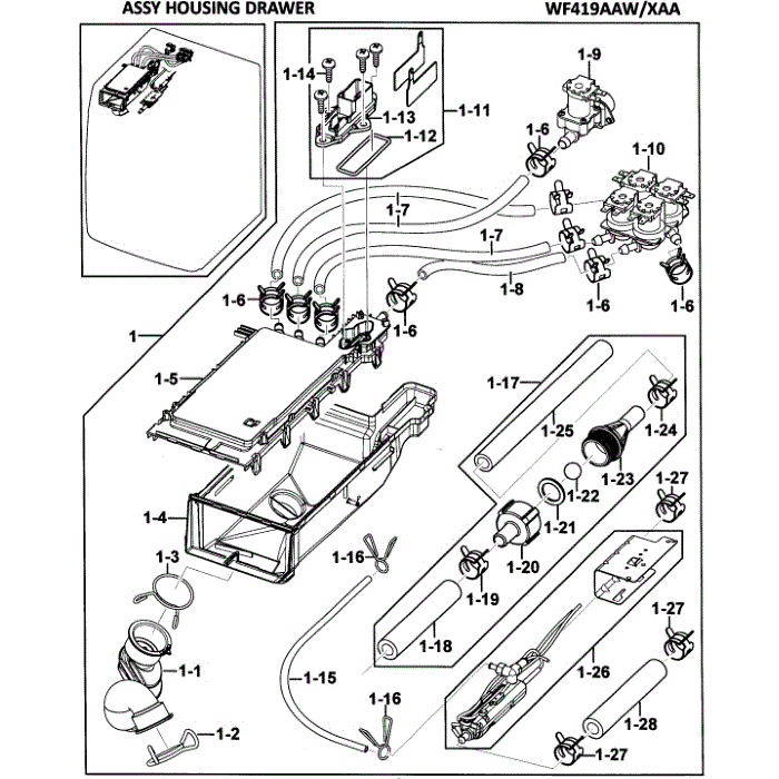 Housing Drawer Diagram and Parts List for WF419AAW XAA-00 Samsung Washer