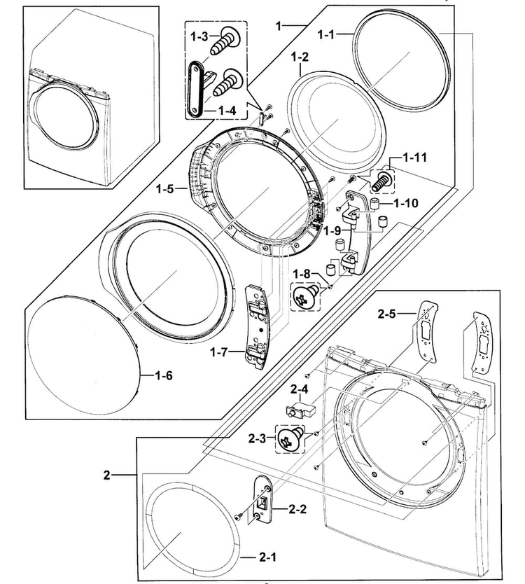 Front Assy Diagram and Parts List for DV331AGW XAA-0000 Samsung Dryer