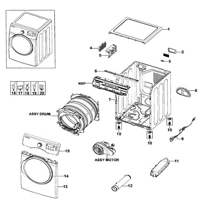 Main Assembly Diagram and Parts List for DV330AEB XAA-03 Samsung Dryer