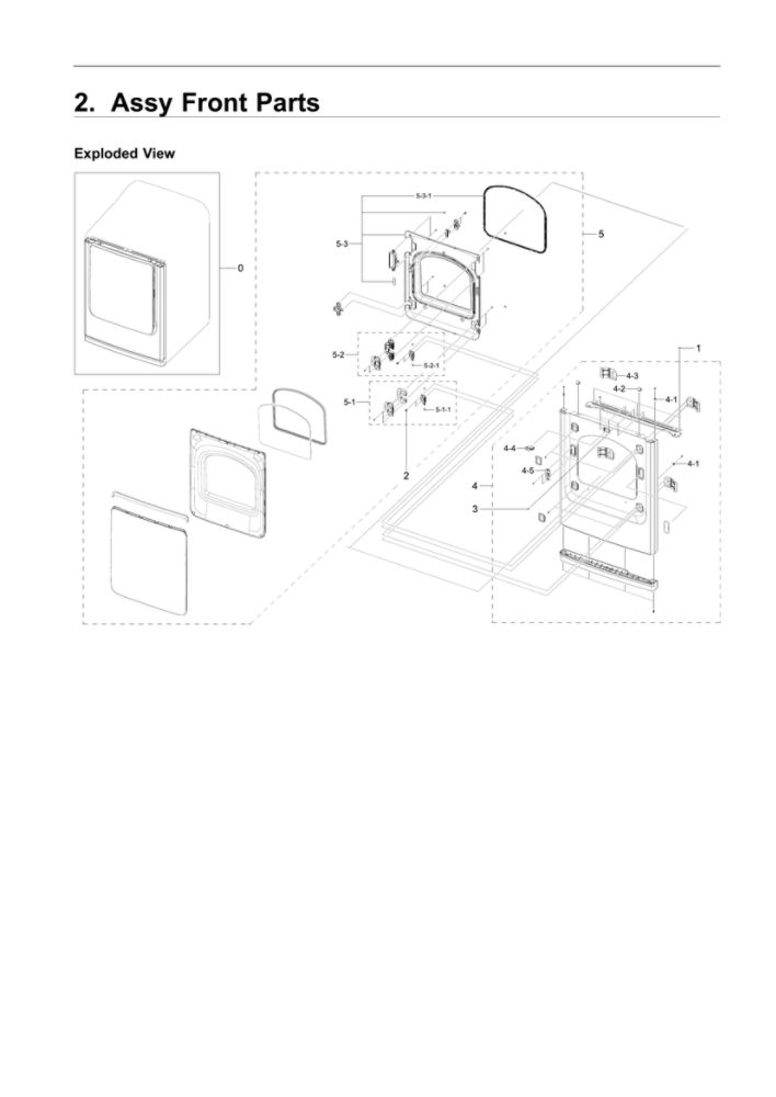 Front Parts Assembly Diagram and Parts List for DVE50R5400W A3-00 Samsung Dryer